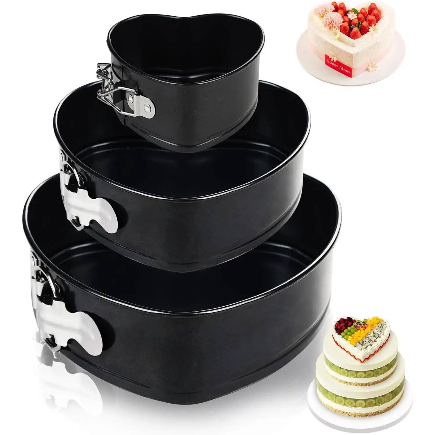 4"+7"+9" Non-Stick Cheesecake Pan, Springform Cake Pans Leakproof Heart Cake Pan, Removable Bottom Quick Release Latch Moulds for Birthday Cake