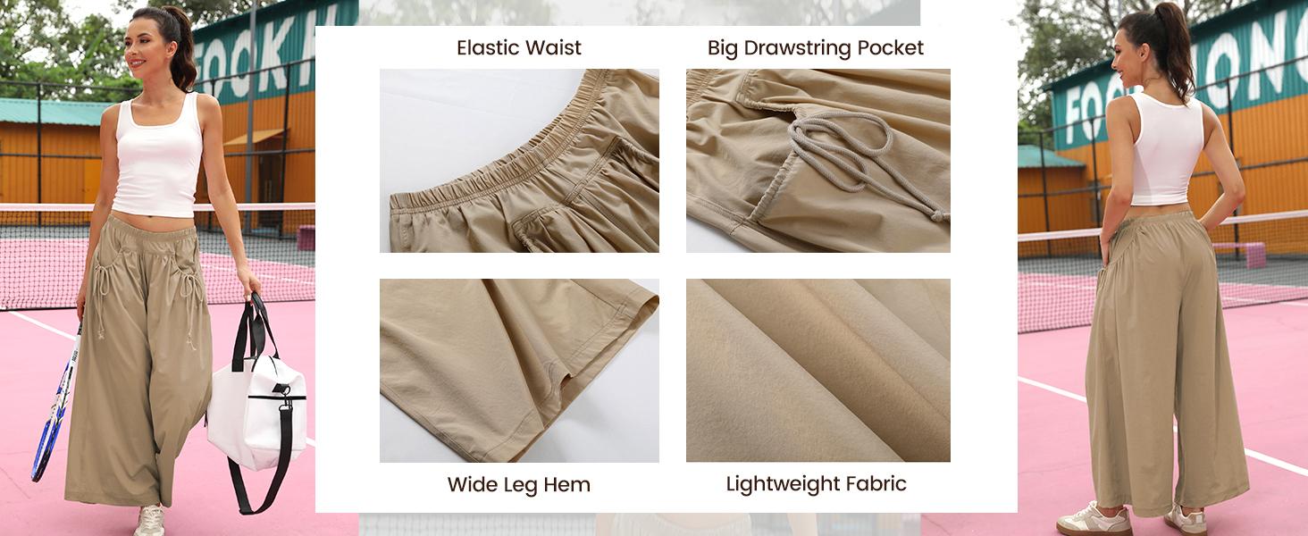 Yeokou Women's Loose Wide Leg Track Pants Boho Sport Style Drawstring Pockets Elastic Waist Capri Hiking Parachute Pants Womenswear Casual