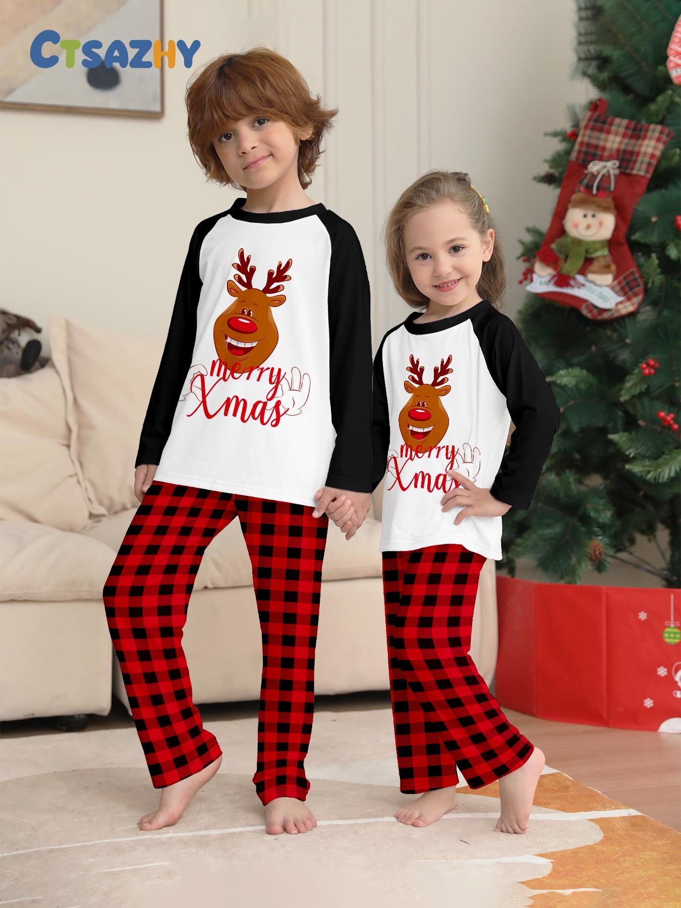 Two-Piece Christmas Pajama Set for Kids, Cute Cartoon Reindeer Print, Fitted Long Sleeve Sleepwear, All Seasons Comfortable Fit