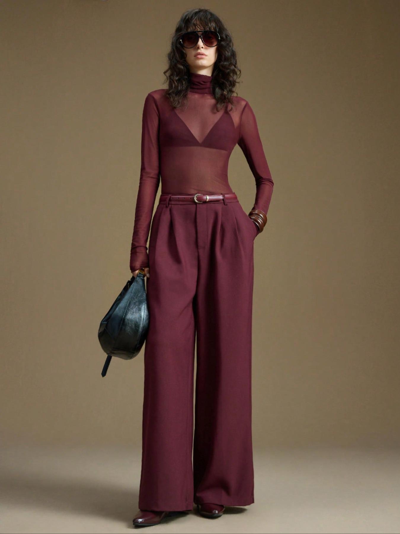 Women's Sparkle Mesh Halter Neck Top, Long Sleeve, Sexy Slim Fit Design, Plain Pattern, All Season Fashion Essential, Versatile Underwear