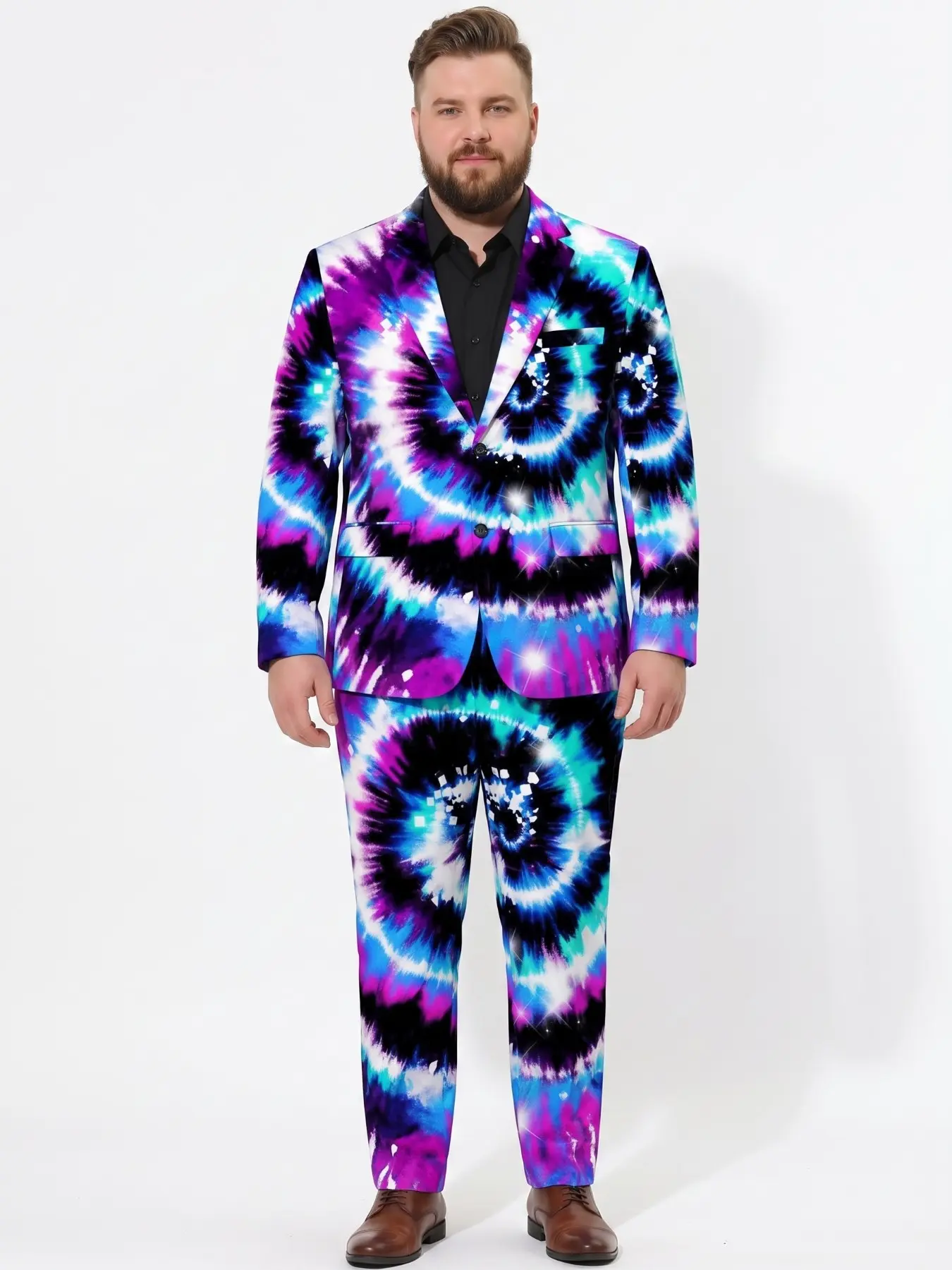 Large Size Men's Trendy Psychedelic Tie-Dye Blazer Set, Full Print Colorful Suit Two-Piece Creative Performance Formal Wear