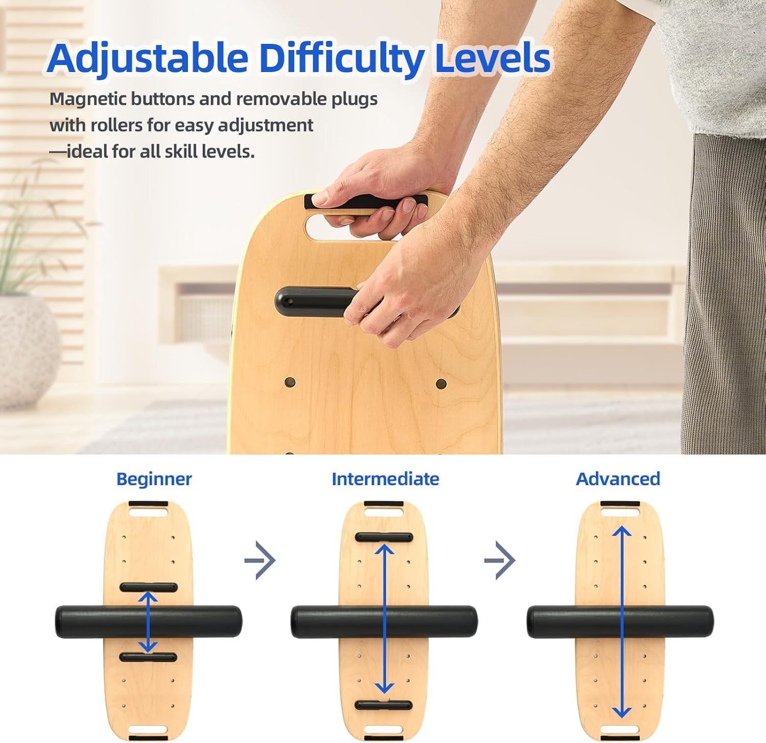 Adult Balance Board with Adjustable Stoppers - 3 Modes Roller Exercise Trainer, Lightweight Heavy-Duty Construction, High-Quality Sandpaper Non-Slip Surface, Diverse Training Options for Stability Improvement