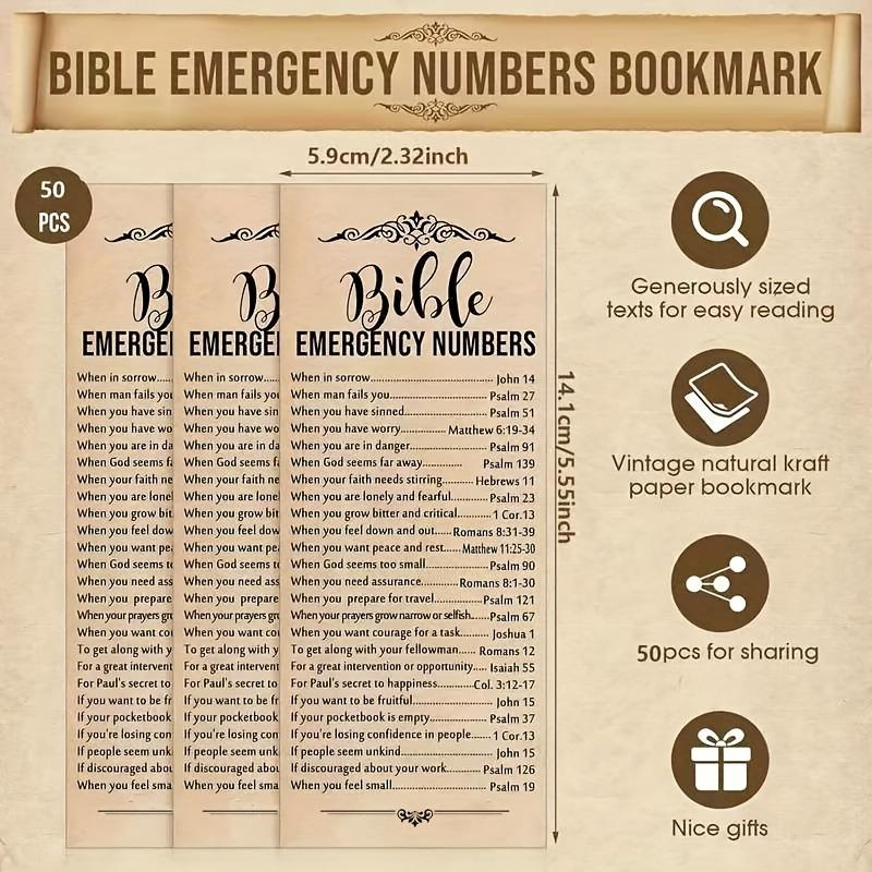 Bible Bookmarks, 20 Paper Bible Bookmarks, Church and Sunday School Supplies, Emergency Contact Numbers, Religious Gifts