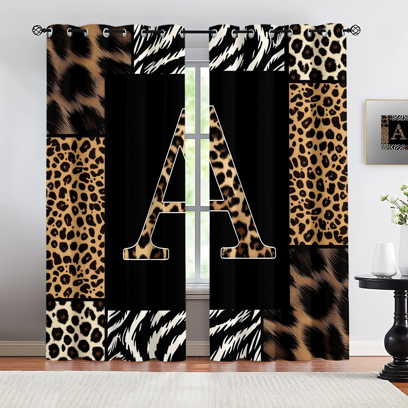 2 Panels 26 Letters Leopard Print Curtains, 80%-90% Light Blocking Curtains, Alphabet Printed Curtains, Stylish Decor Curtains for Bedroom Living Room, Wild Style Window Drapes, Ideal Gift