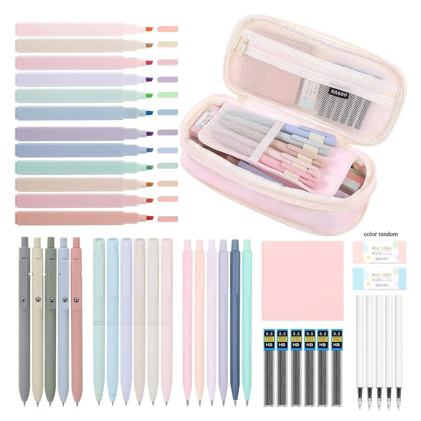 Aesthetic School Supplies Set, School Bundle, 44pcs/set Including Highlighter & Gel Pen & Mechanical Pencil & Pencil Case & Accessories, Art Materials, Cute Stationery Set, Student Essentials, Classroom Supplies