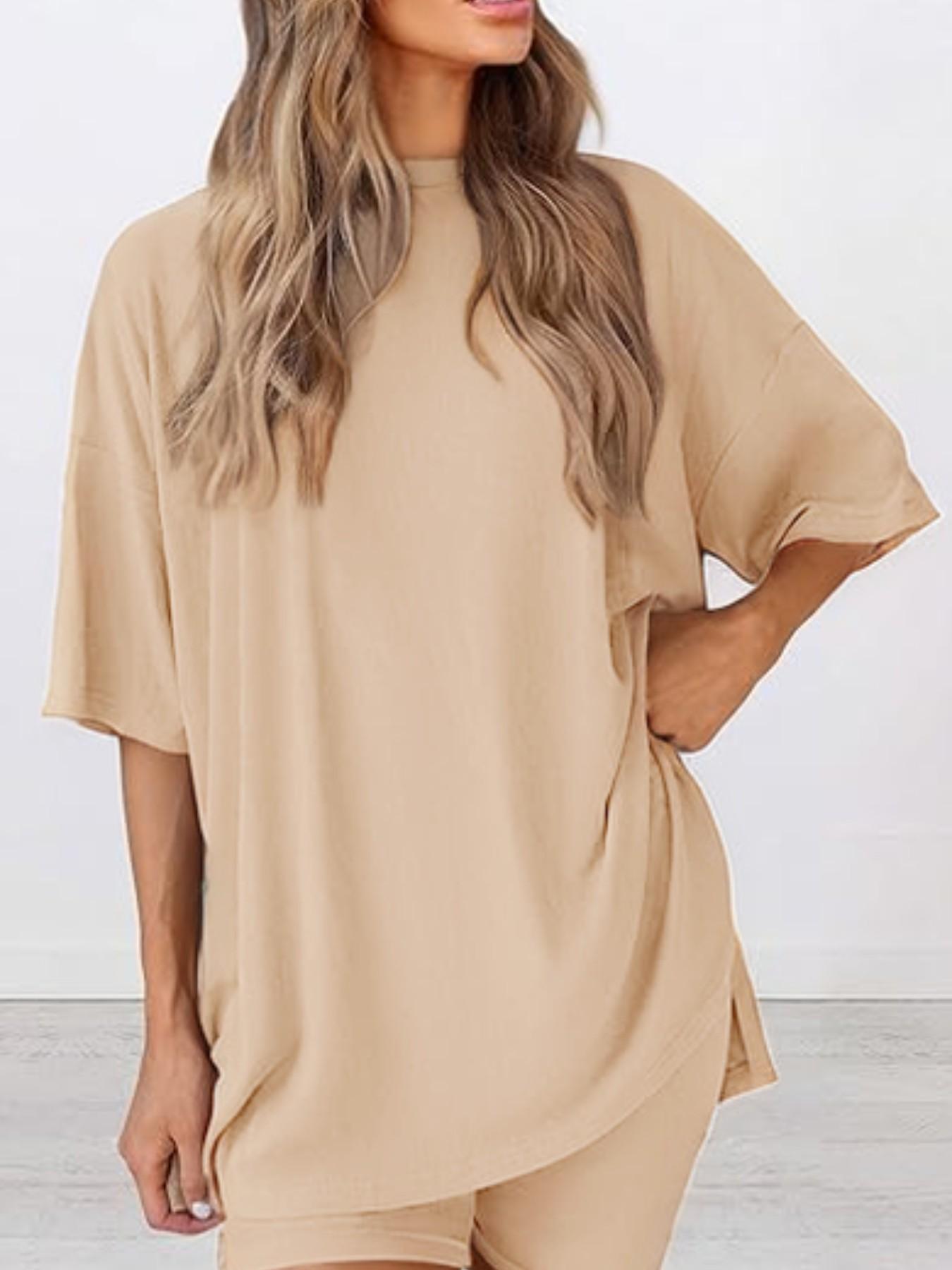 Women's Solid Color T-Shirt and Tight Shorts Set, Casual Summer Comfort Round Neck Sleepwear, Pocket Design, Outdoor Wear Women's Solid Color T-Shirt and Tight Shorts Set, Casual Summer Comfort Round Neck Sleepwear, Pocket Design, Outdoor Wear