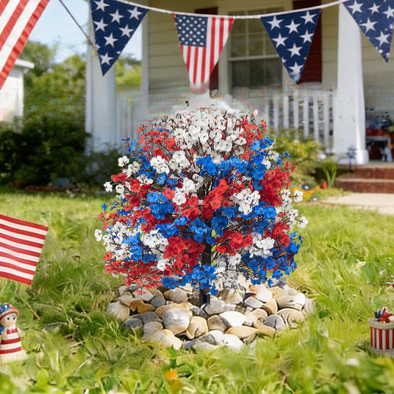 Simulated Independence Day red, white and blue simulated flowers arranged in a star-shaped pattern for ground decoration, suitable for July 4th / Independence Day party decoration, for use in indoor, outdoor gardens, bonsai, balcony or any other place.