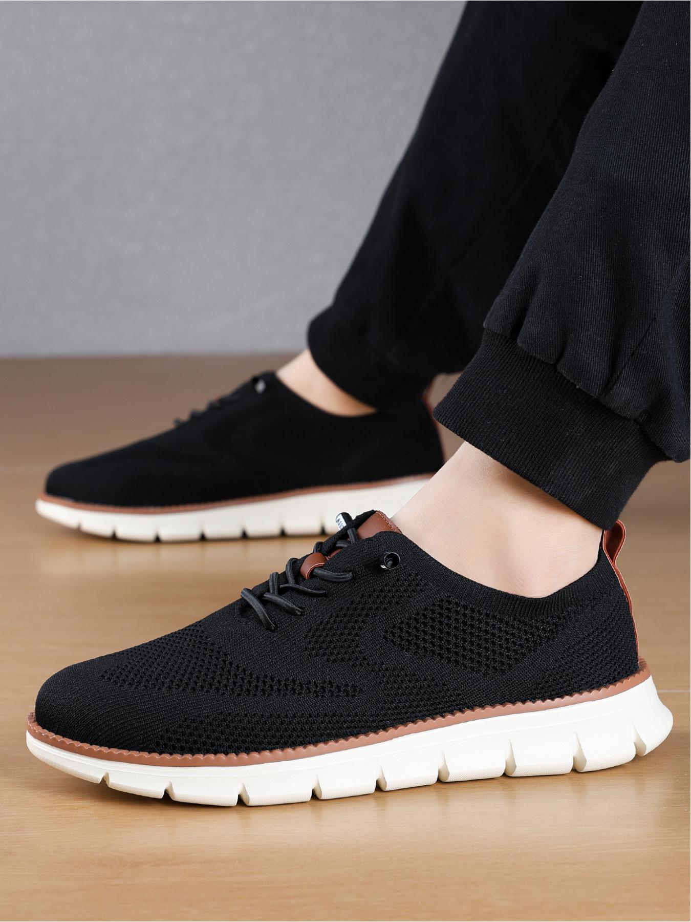 Men's Black Flyknit Mesh Breathable Platform Casual Shoes: Lightweight Soft-Sole + Anti-Slip Wear-Resistant, Daily Commute Versatile Shoes