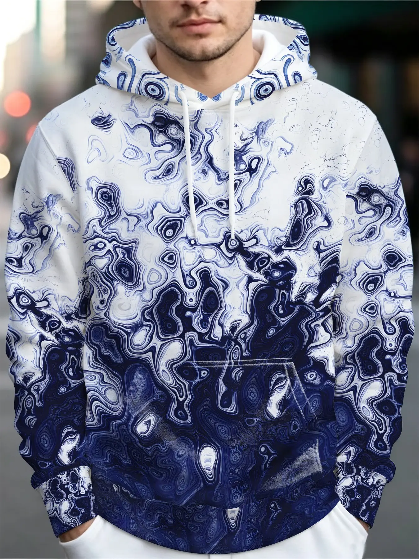 Blue and White Fluid Vortex Ink Ripple Gradient All-Over Print Trendy Long Sleeve Hoodie