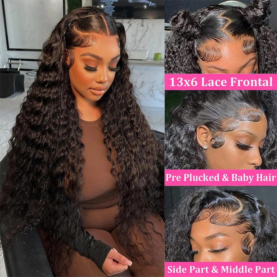 Human Hair Deep Wave 13x6 Lace Frontal Wig Natural Color For Black Women 13x4 Lace Front Human Hair Wigs Deep Wave Lace Front Wig Pre Plucked 180% Density