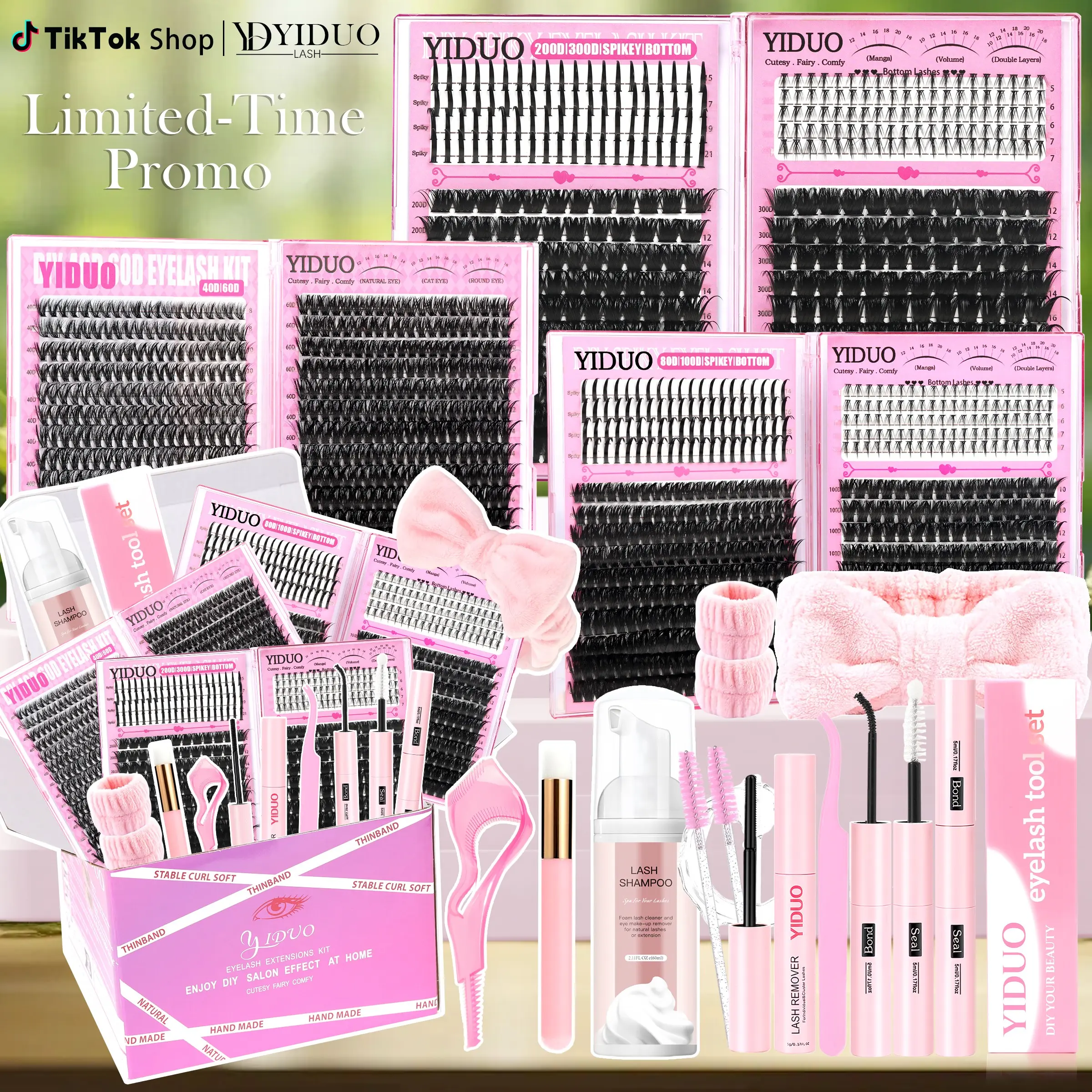 YIDUO 1520PCS DIY Lash Extensions Kit 8 Styles D Curl Cluster Lashes Fluffy Wispy Spiky Bottom, All-in-One with Bond Seal Remover Shampoo Mascara Shield Tweezers Headband, Easy Apply Long Lasting, Perfect Gift Set for Beginners