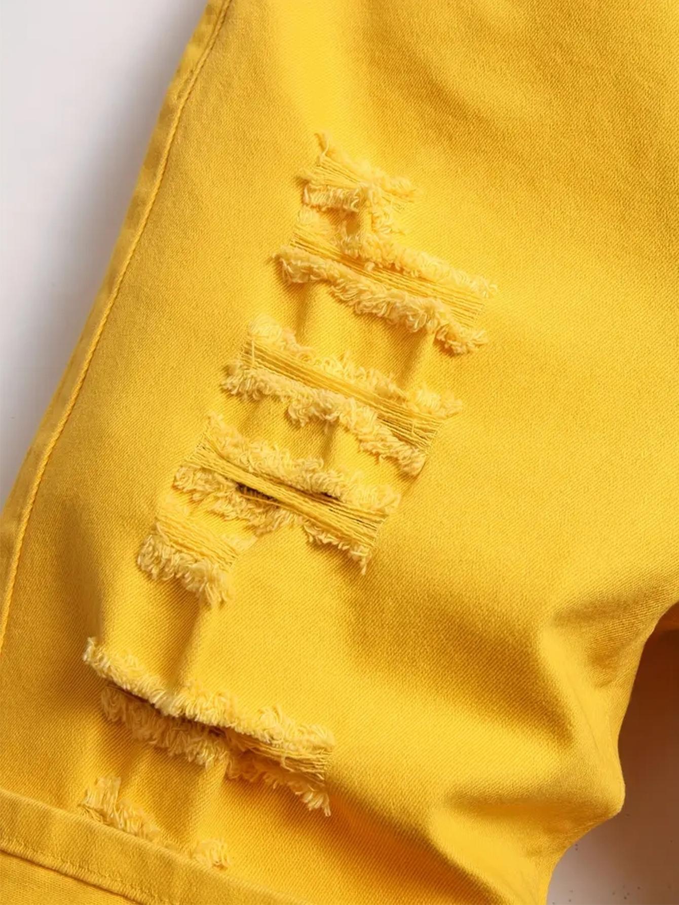 Men's Cotton Yellow Distressed Ripped Denim Shorts, Y2K Streetwear Bright Color Jean Shorts, Casual Summer Knee-Length Bottoms, High Street Fashion Men's Cotton Yellow Distressed Ripped Denim Shorts, Y2K Streetwear Bright Color Jean Shorts, Casual Summer Knee-Length Bottoms, High Street Fashion