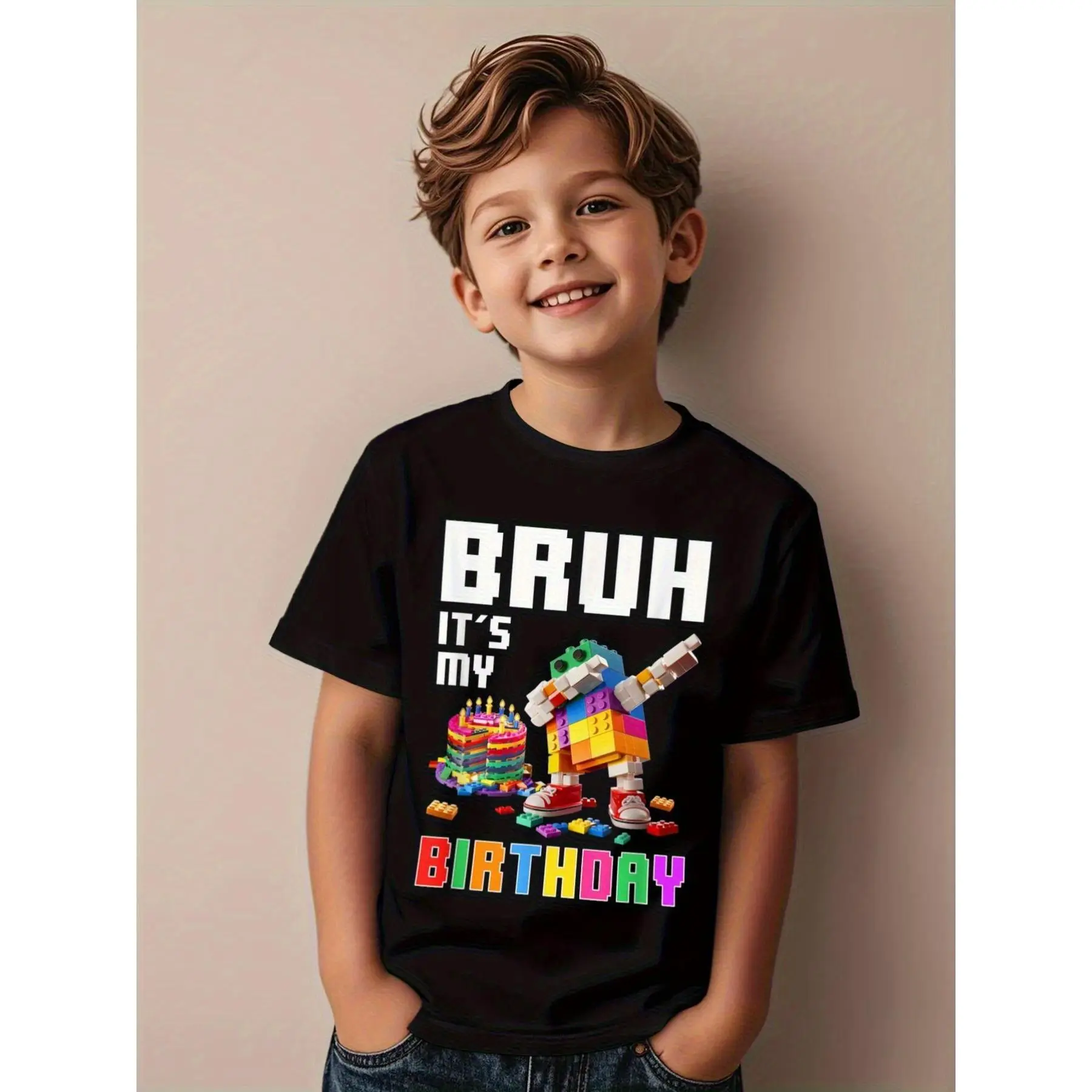 Boys' Black T-Shirt with Colorful LEGO Birthday Graphic - "BRUH IT'S MY BIRTHDAY" Design, Casual Summer Top, Stretchy Fabric, Perfect for Youngsters' Parties & Casual Attire, Birthday Party Outfit, Playful Youngsters Design, Comfortable Fit(3Y-13Y)