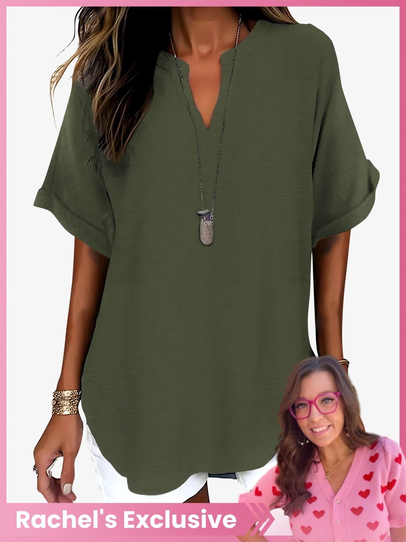 Women's Simple Solid Color Commuter V-Neck Drop Shoulder Vintage Versatile Top, Short Sleeve Fitted H-Type Blouse, Casual Fashion Shirts