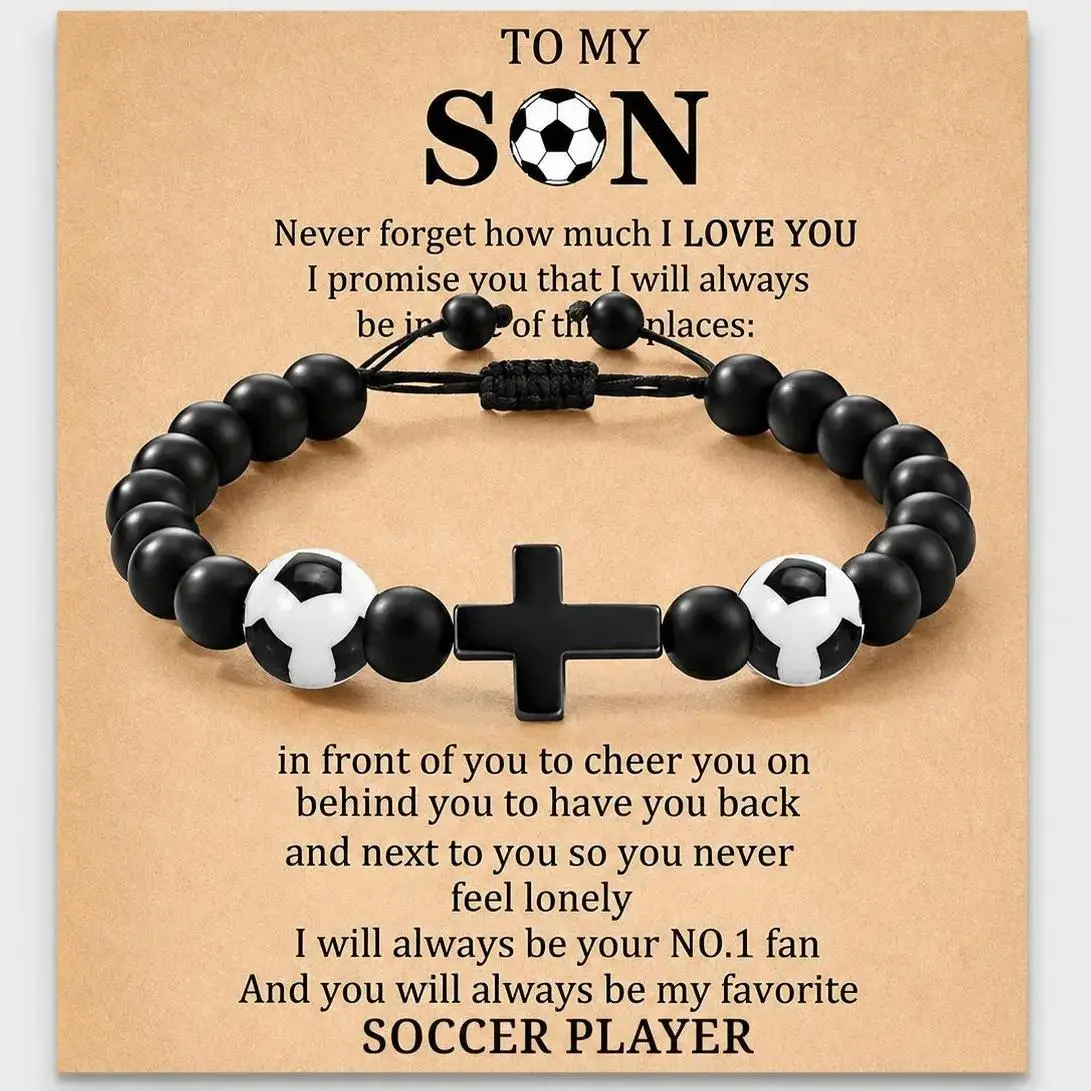 Adjustable Black Bead Sports Cross Bracelet for My Son - Birthday, Christmas, Graduation Gift for Boys