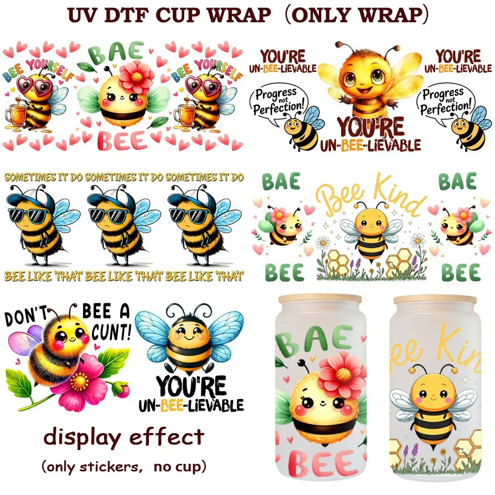 5 Piece Bee Theme UV DTF Stickers, DIY Stickers for 16oz Glass Cups, Mugs, Woodcraft, Water Bottles, Christmas Decor, Durable, Waterproof