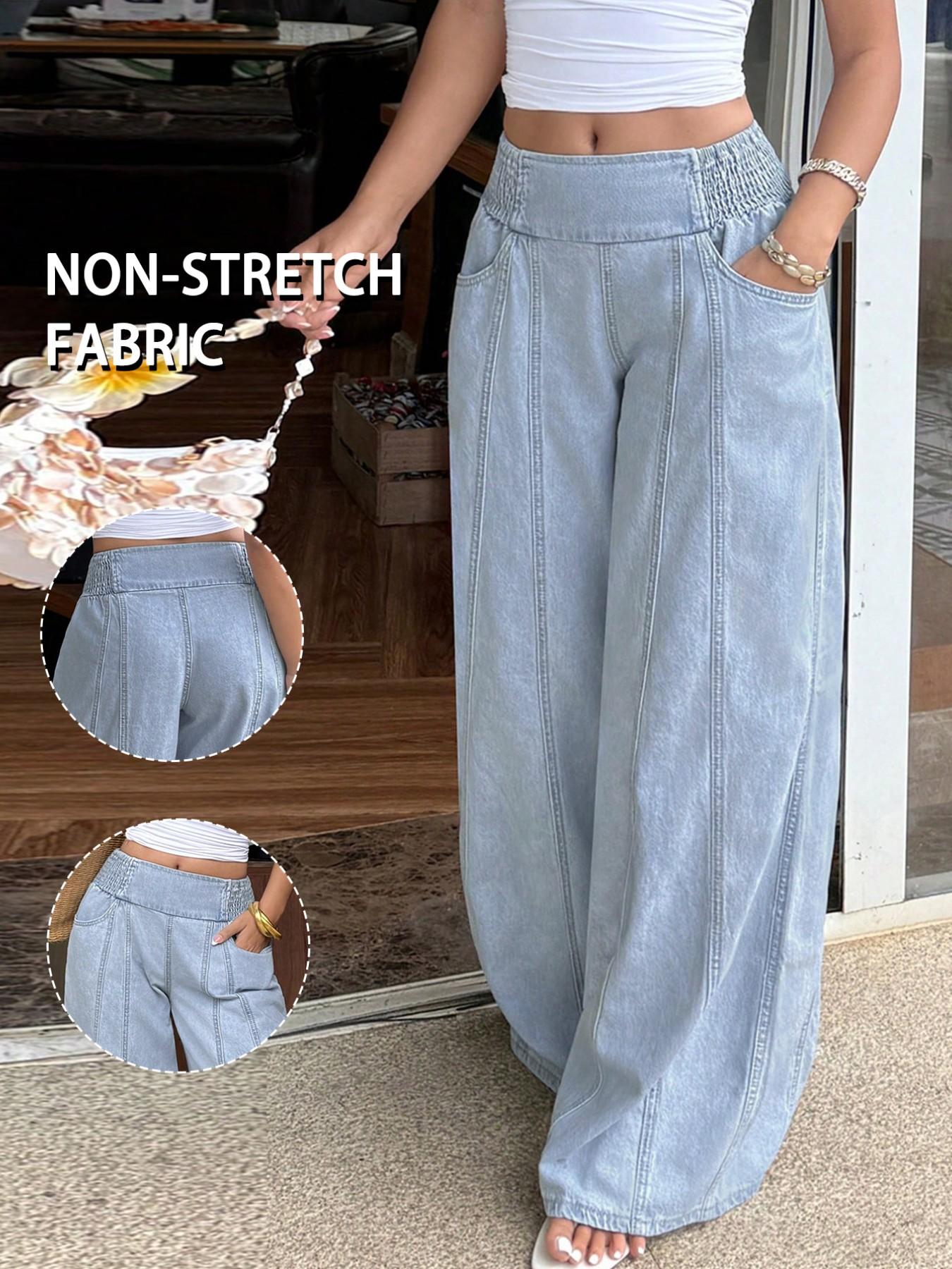 Women Shirred Elastic High Waist Wide Leg Oversized High Waisted Denim Jeans, 4 Way Stretch Light Wash, Casual Baggy Loose Floor Length Trousers with Pockets, Summer Streetwear