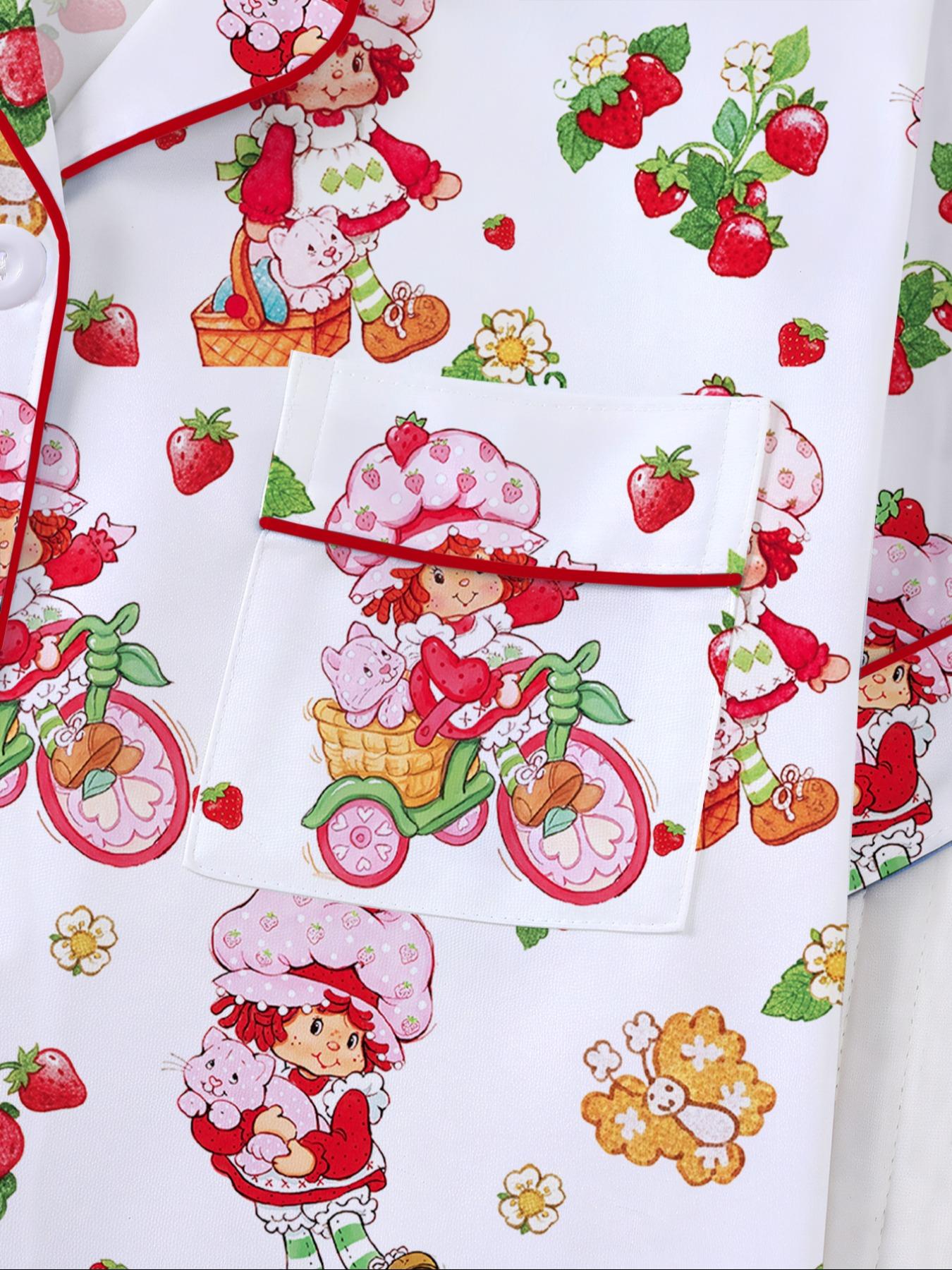Women's Strawberry Cartoon Print Sleepwear Set, Short Sleeve Button-Up Top & Elastic Shorts, Casual Home Wear for Daily Use