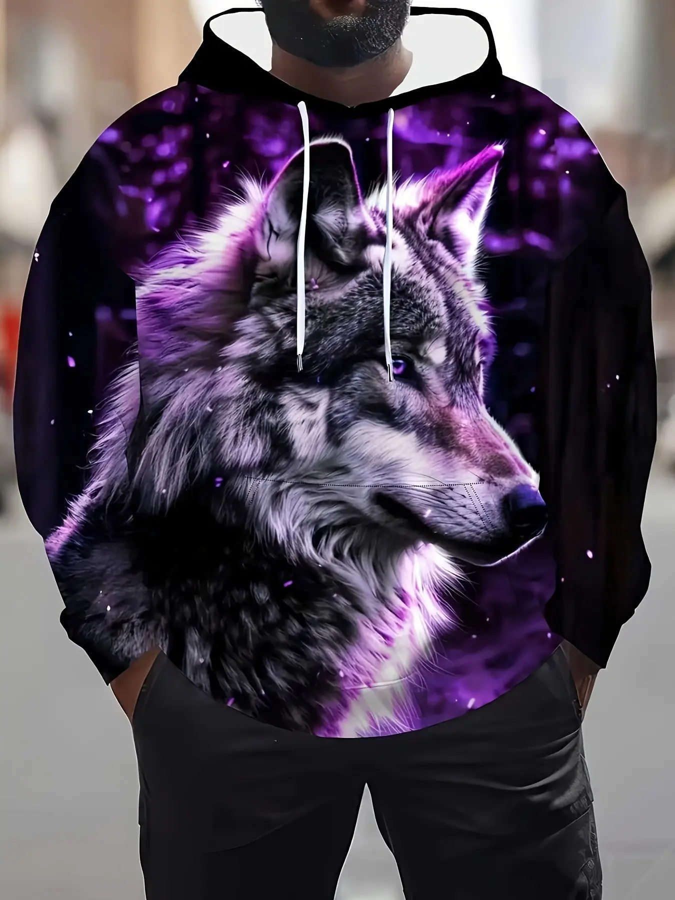 Star Wolf Pattern Hooded Sweatshirt, Unisex Casual Graphic Pullover, Long Sleeve Loose Fit, Fall & Winter Fashion, H-Type Silhouette, Menswear