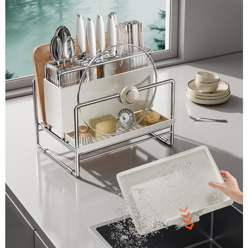1PC 304 Stainless Steel All-in-One Kitchen Organizer Rack, Multifunctional Storage for Knives, Cutting Boards, Chopsticks, Spatulas, Ladles & Utensils, Countertop/ Wall-Mounted Knife Block with Drainage
