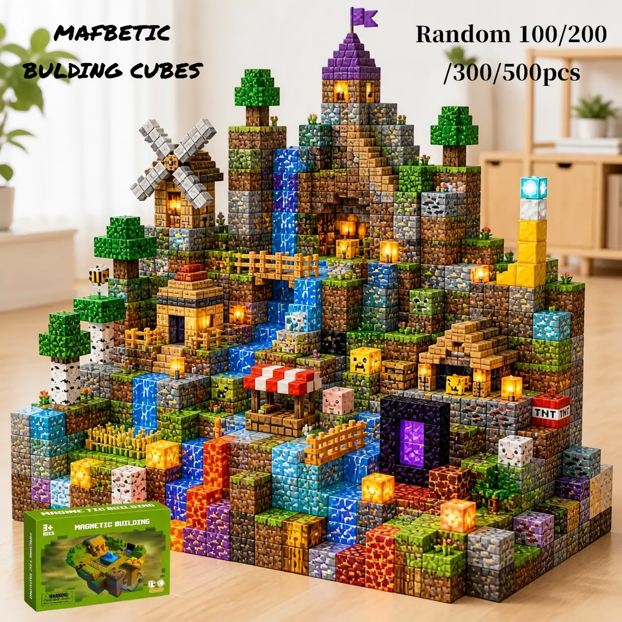 New Night Glow Magnetic Blocks Set, Bright LED Lights, Random Pixel Blocks, Kids Stem Toy, Creative DIY Building, Educational Playset