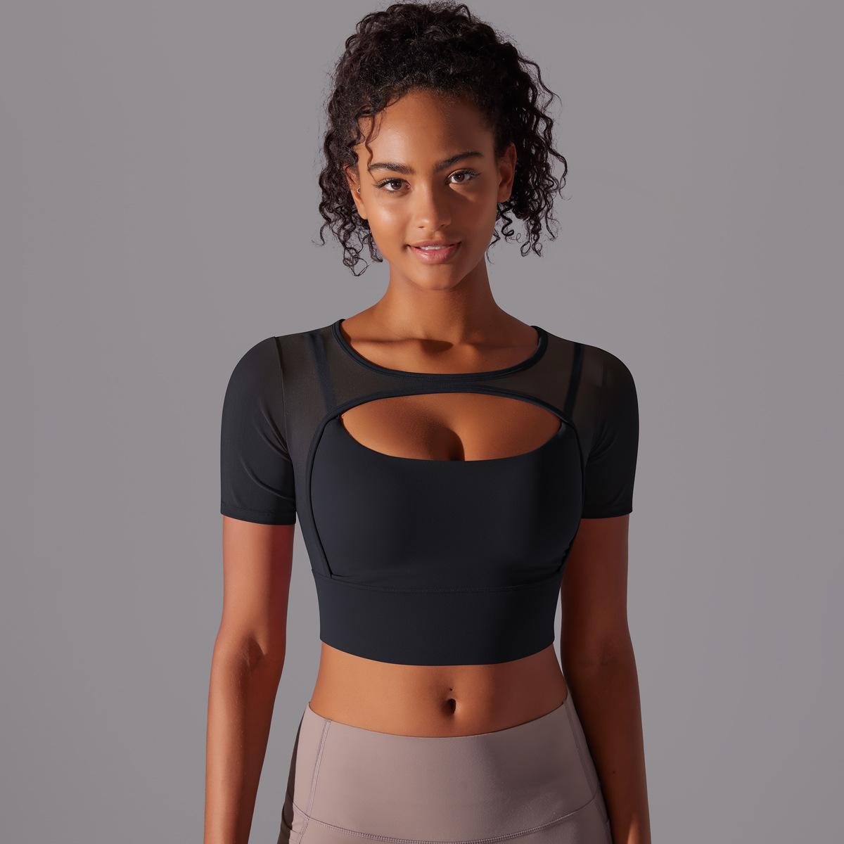 Classic Solid Color Mesh Stitching Double-Layer Short Sleeve Racerback Bra Top Women - Running, Fitness, Yoga Workout Top1123