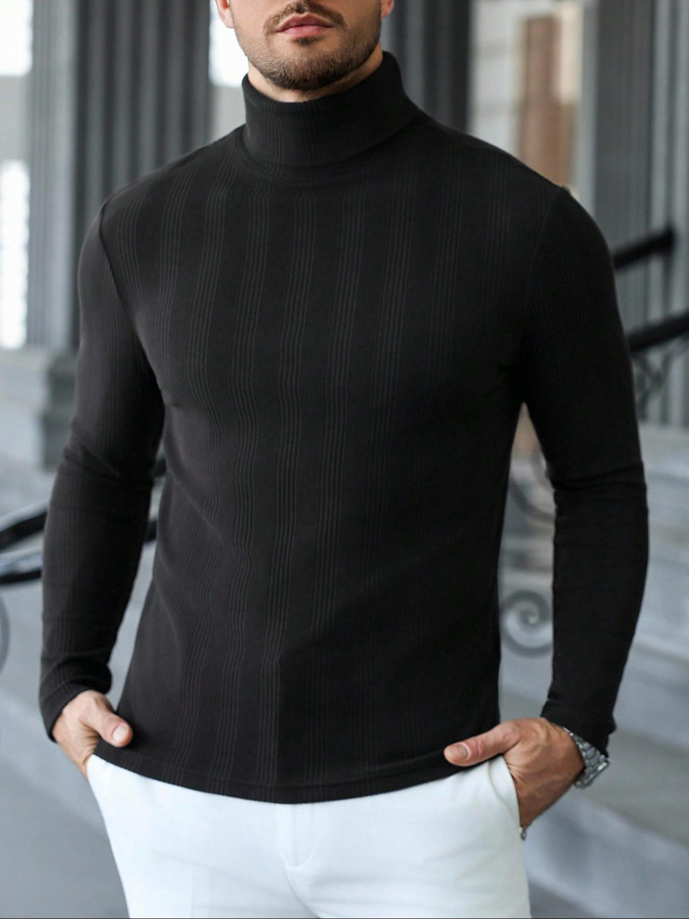 Men's Long Sleeve Knitted High Neck Pullover, Slim Fit Casual Solid Color Underwear, Perfect for Autumn Winter Street Style, Knitted Ribbed Turtleneck