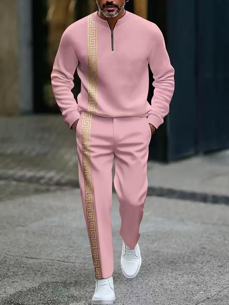 Men's European American-Style Sportswear Set Half-Zip Top & Matching Trousers Golden Greek Fretwork Design Comfortable Fabric for Daily Streetwear Men's European American-Style Sportswear Set Half-Zip Top & Matching Trousers Golden Greek Fretwork Design Comfortable Fabric for Daily Streetwear