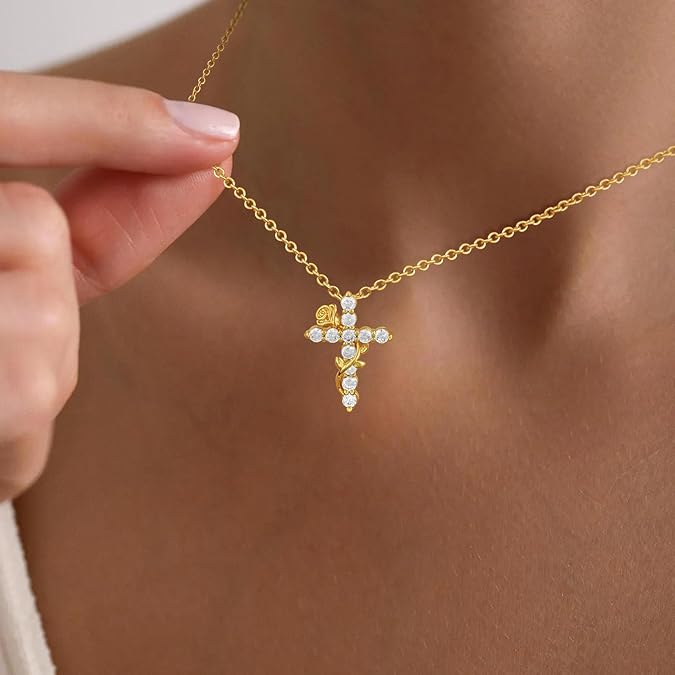 NECOCY Dainty Fashion Zircon Rose Flower Cross Pendant Necklace for Women Trendy Simple Small Cute Aesthetic Non Tarnish Waterproof Necklaces Christian Religious Faith Jewelry Gifts