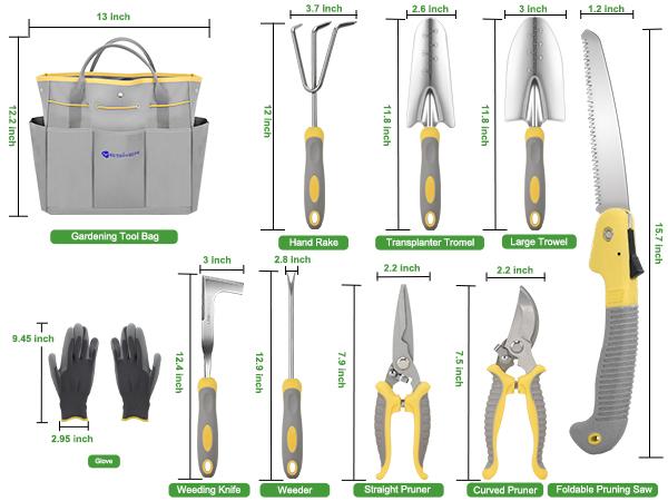 Nilight Gardening Tools 10-Piece Heavy Duty Garden Tool Set Gardening Supplies Gifts for Women Men Gardening Hand Tool Kit w Non-Slip Ergonomic Handle, Garden Bag, Durable Gloves, Pruning Shears, Gray