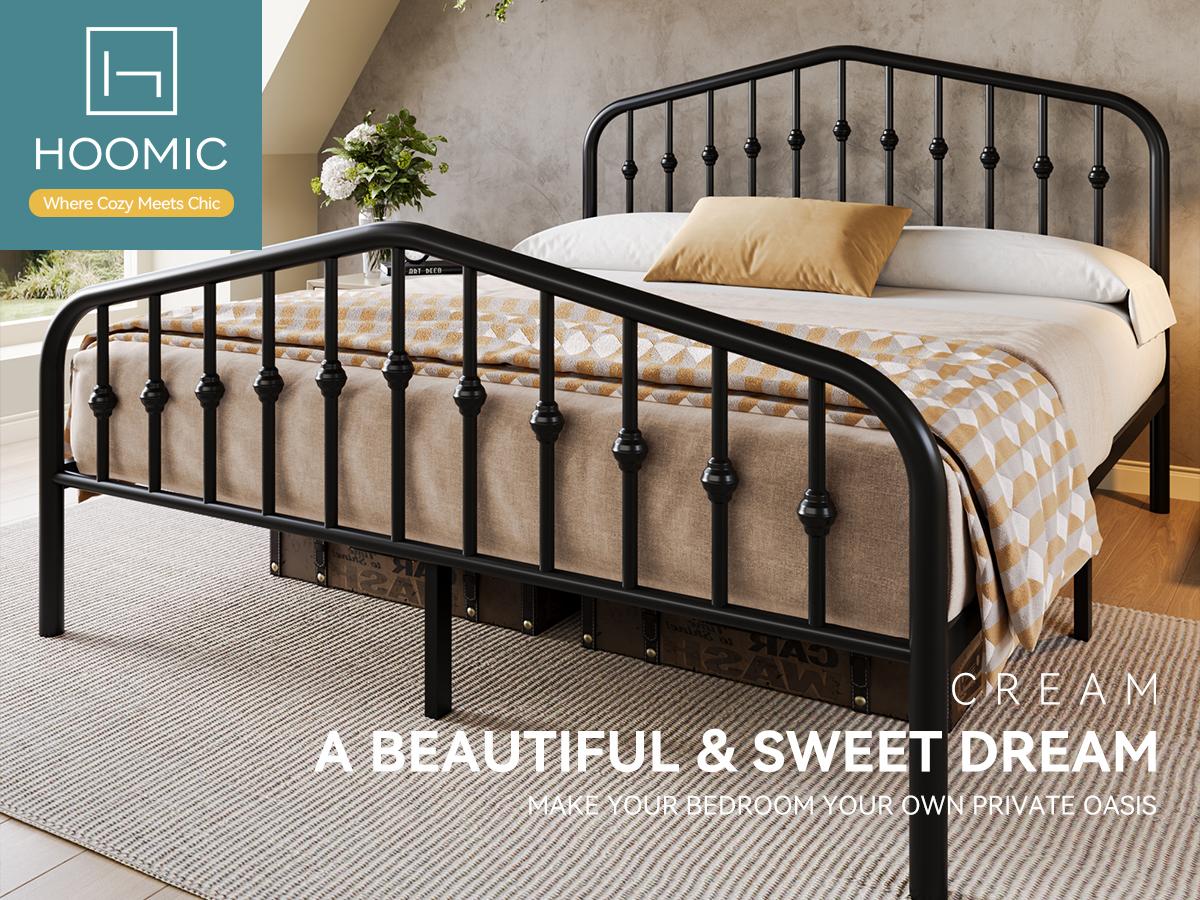 HOOMIC 14 Inches Metal Bed Frame【Frame Only No Mattress】with Victorian Headboard & Footboard, Heavy-Duty Wrought Iron Platform Bed,No Box Spring Needed,Black