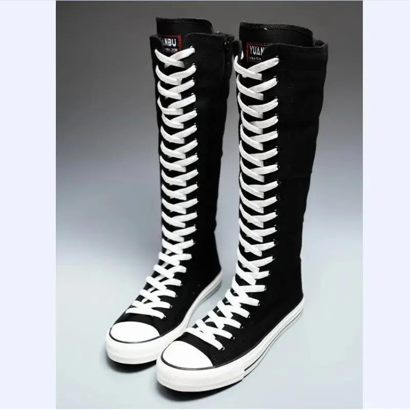 2025 New High Top Canvas Shoes for Women's Korean Edition Long Boot Lace-Up Zipper Comfortable Boot Zapatos De Mujer Tendencia