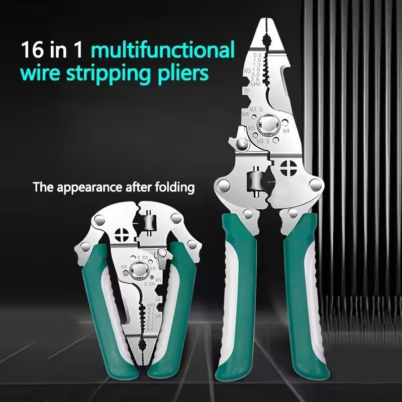 New 16-In-1 Foldable Wire Stripper, Upgraded Multifunctional Professional Cable Cutter, Wirecutters, Ideal for Cutting & Pulling Wires