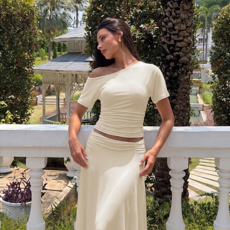 Women's Two-piece Set, Clothes, Solid Color One Shoulder Ruched Short Sleeve T-shirt Top & Bodycon Irregular Hem Long Skirt, Sexy Strapless Backless Tees Crop Top with Ruffles Skirts, Ladies Party Club Date Daily Casual Summer Outfits