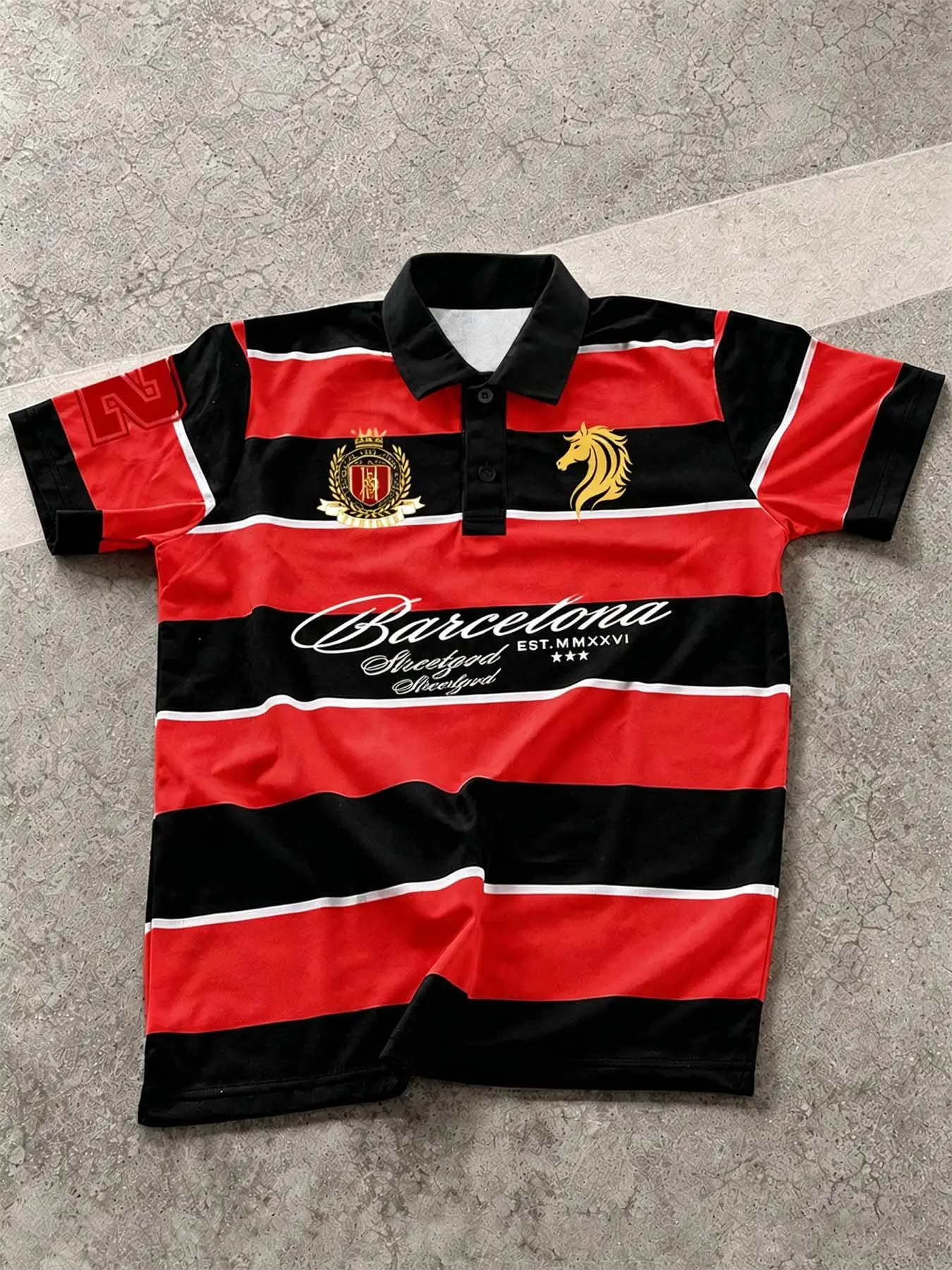 Vintage College Style Striped Women's Polo Shirt, Barcelona Retro Font Print, Soft Breathable Summer Streetwear, Trendy Daily Wear