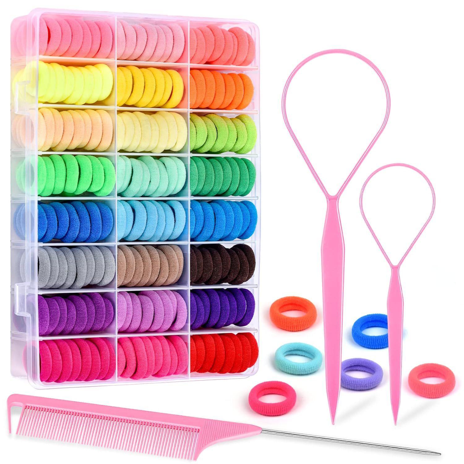 32-24 Color Mini Hair Bands and Hair Ties for Girls, Hair Accessories, Rubber Bands, Hair Styling Comb, Braiding Tool Set
