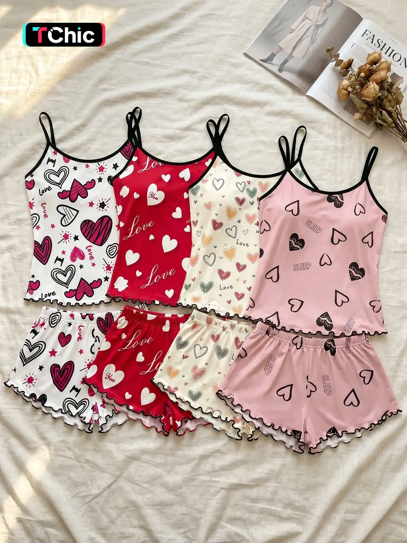 Women's 4 Piece Spaghetti Strap Cami Top and Shorts Pajama Sets Nightwear, All Season Wear, Romantic Heart Love Print Ruffle Hem, Sweet Aesthetic, Loose Breathable for Home & Casual Wear