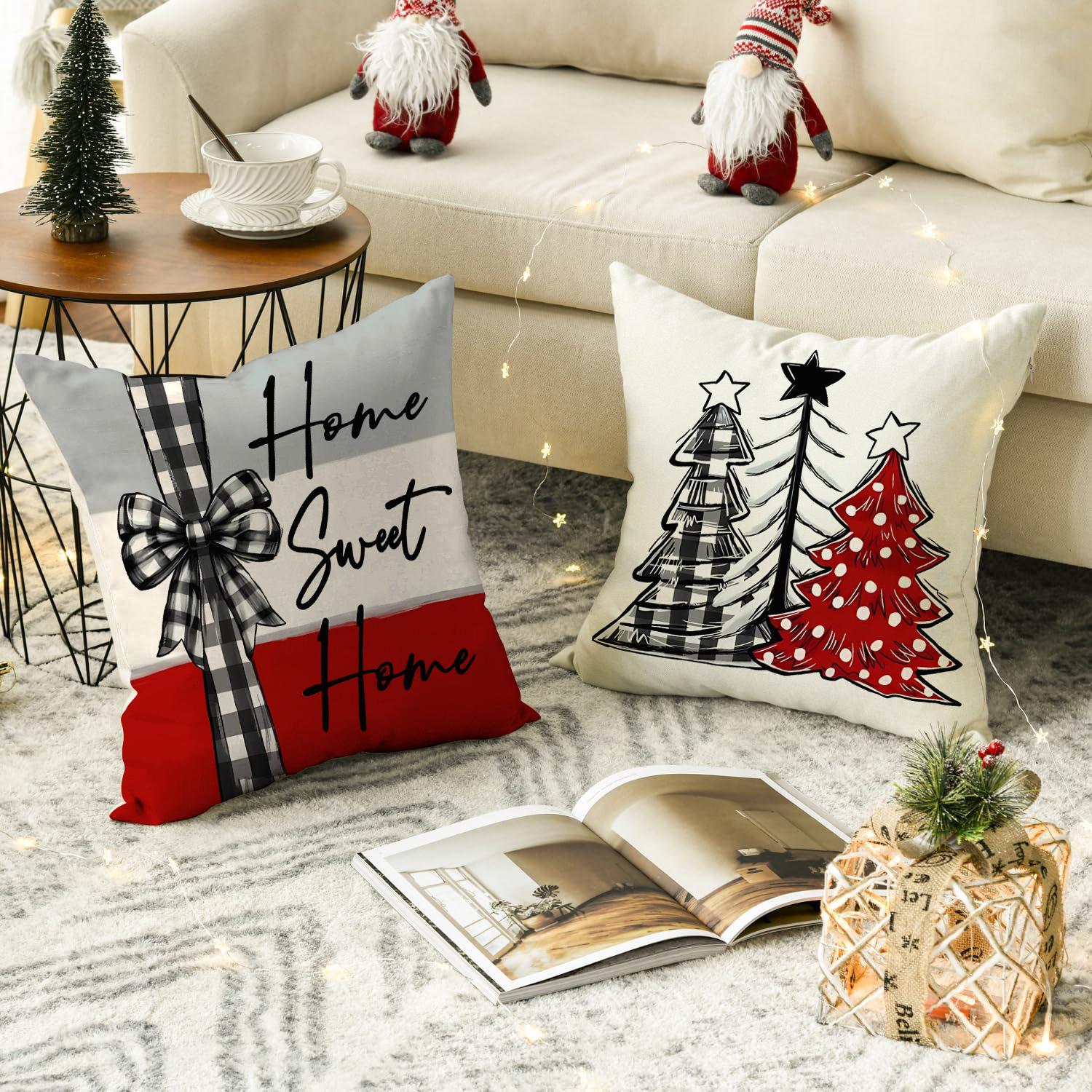 4pcs Christmas Pillow Covers Set, Tree Santa Snowflake Reindeer Prints, Winter Holiday Home Decor Cushion Cases for Bedroom Sofa Car Decoration, Halloween