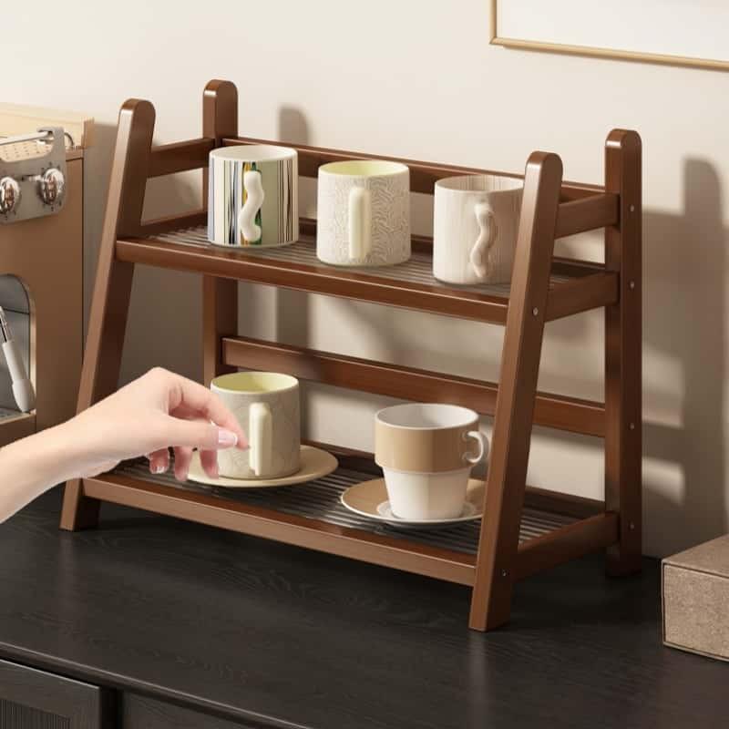 Double Layer Storage Rack, Cup Holder, Mug Organizer, Kitchen and Living Room Use, Small Desktop Shelf, Durable Wooden Material, Space Saving Design, Display Shelf