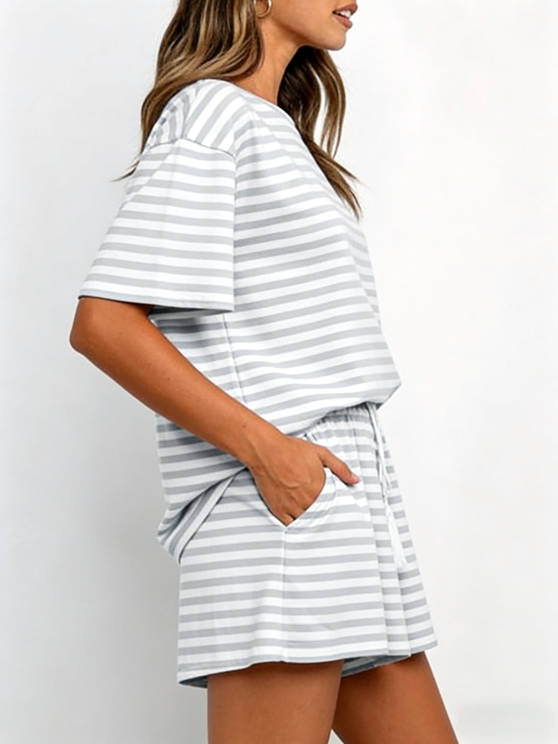 Women's Striped Knit Short Set, Casual Matching Set, Casual Loose Fit Summer, Round Neck & Drawstring Design, Perfect for Daily Wear, Casual Loungewear Set, Casual Shorts Set