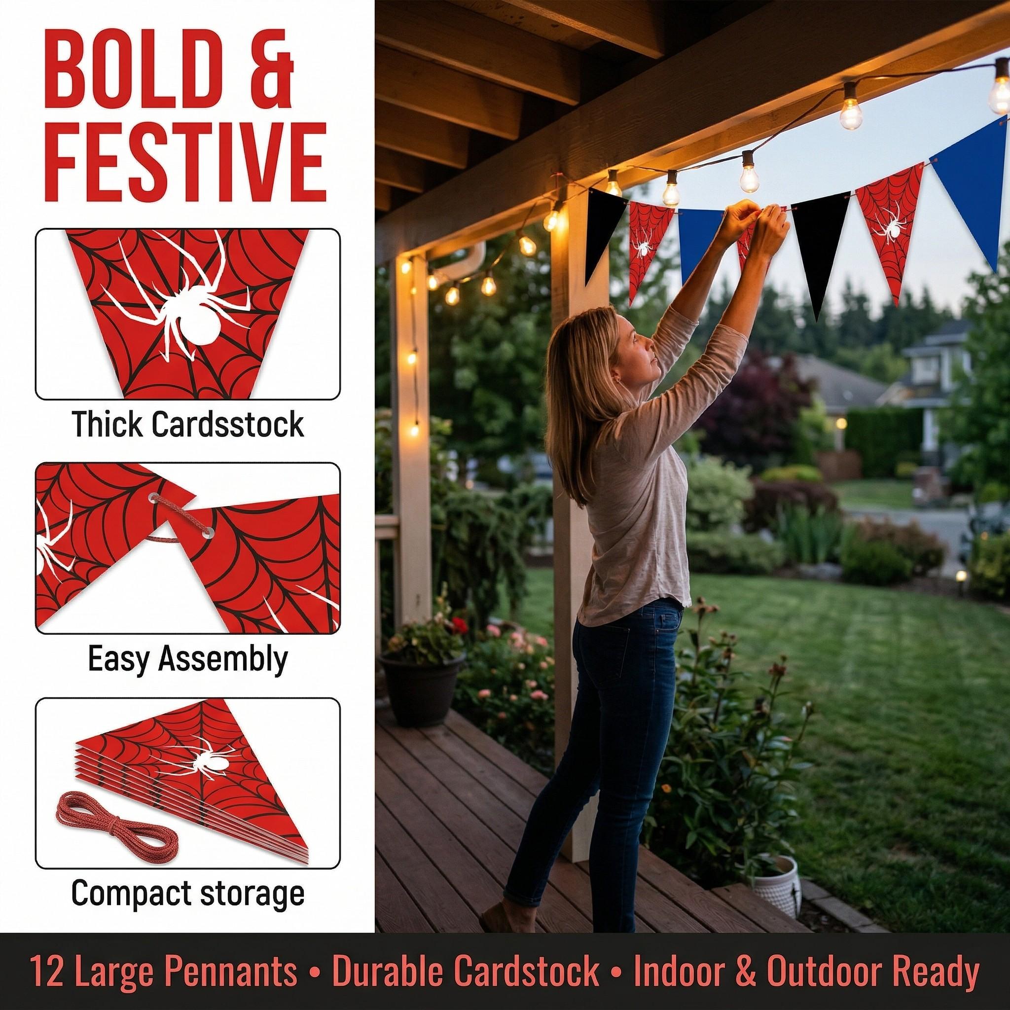 12pcs set of spider-themed Halloween party supplies Happy Birthday banner party decorations, classic red, blue, and black color scheme with Spider Web pattern design triangular flags, home wall decoration, wedding anniversary, holiday celebration supplies