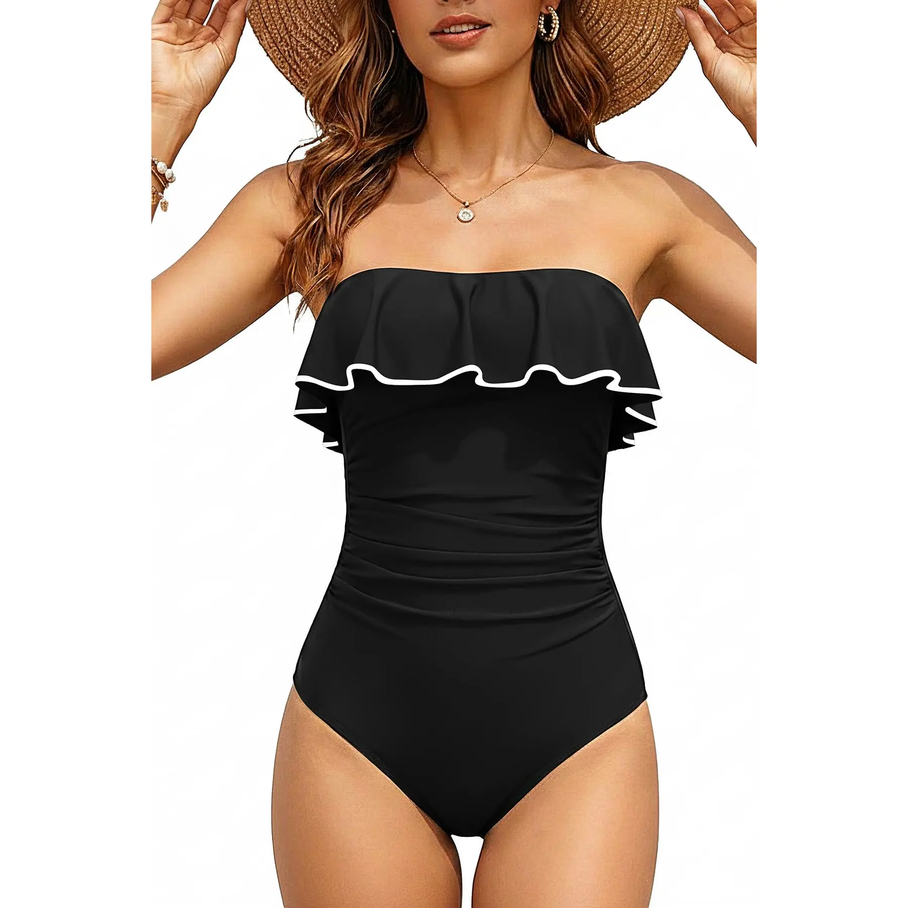Holipick Black Strapless One Piece Swimsuits for Women Tummy Control Bandeau Bathing Suits Ruffle Slimming Swimwear