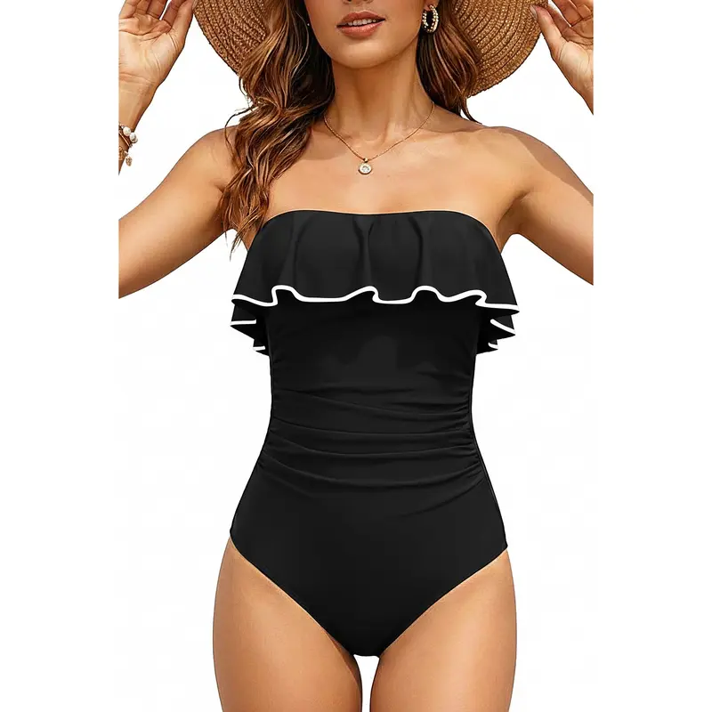 Holipick Black Strapless One Piece Swimsuits for Women Tummy Control Bandeau Bathing Suits Ruffle Slimming Swimwear