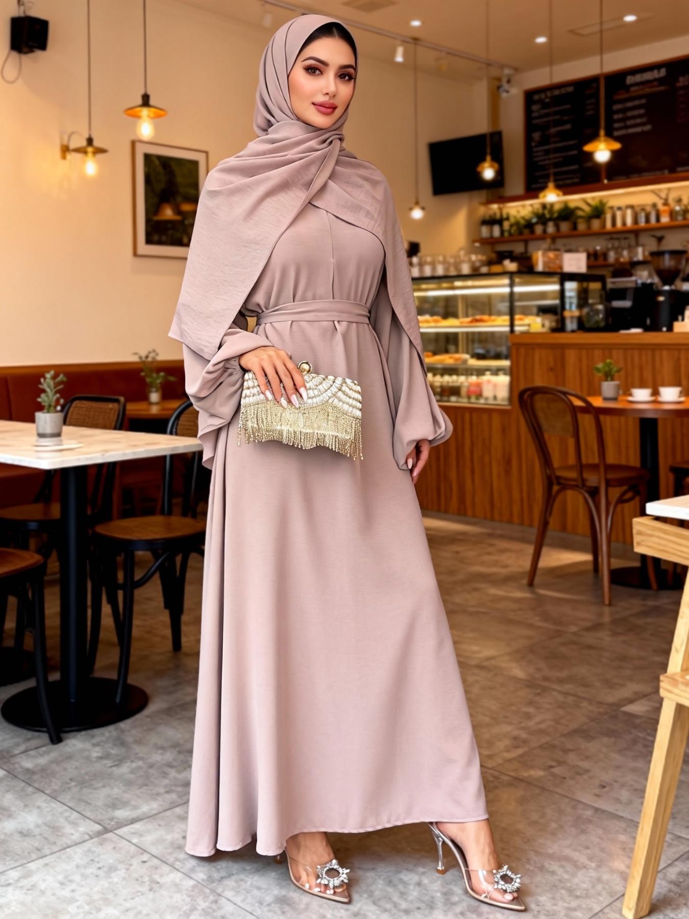 Elegant Fashion Casual High Stretch Set with Headscarf, Traditional Two-Piece for Praying Gatherings Daily Wear, Loose Abayas, Modest Muslim Outfits