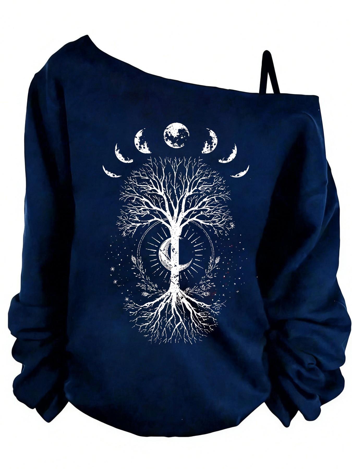 Women's Off-Shoulder Slouchy Casual Sweatshirt, Moon Phase Tree of Life Print, Oversized Pullover, Boho Occult Graphic, Women's Tops, Womenswear, Spring&fall