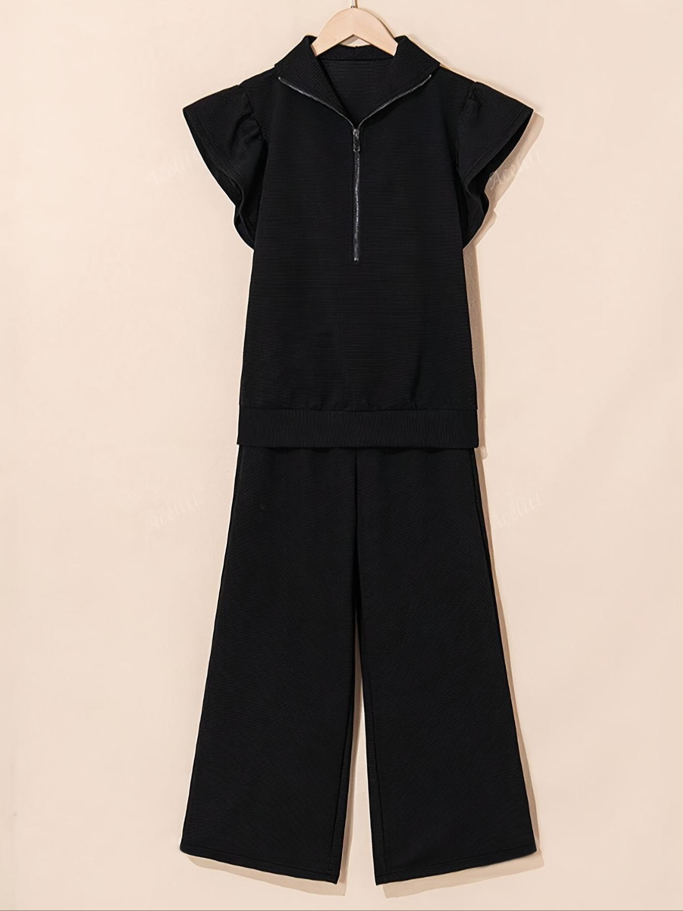 Women's elegant solid color textured ruffled sleeve half-zip top T-shirt sweatshirt and high waist wide-leg pants set, comfortable and fashionable, suitable for sports, daily leisure, outdoor activities, parties, lazy time wear