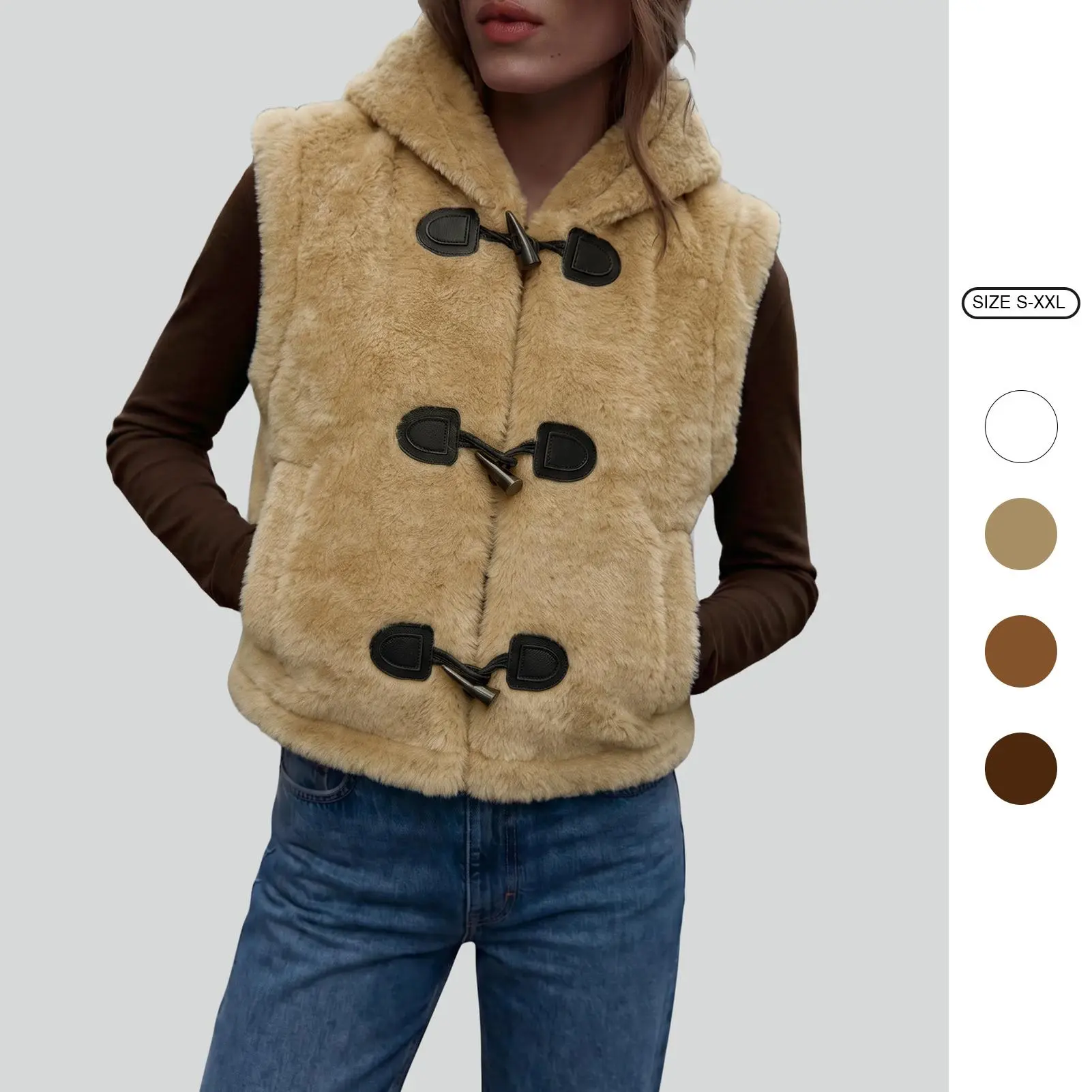 Imily Bela Women's Hooded Sherpa Fleece Vest Cropped Sleeveless Fall Winter Toggle Jacket with Pockets