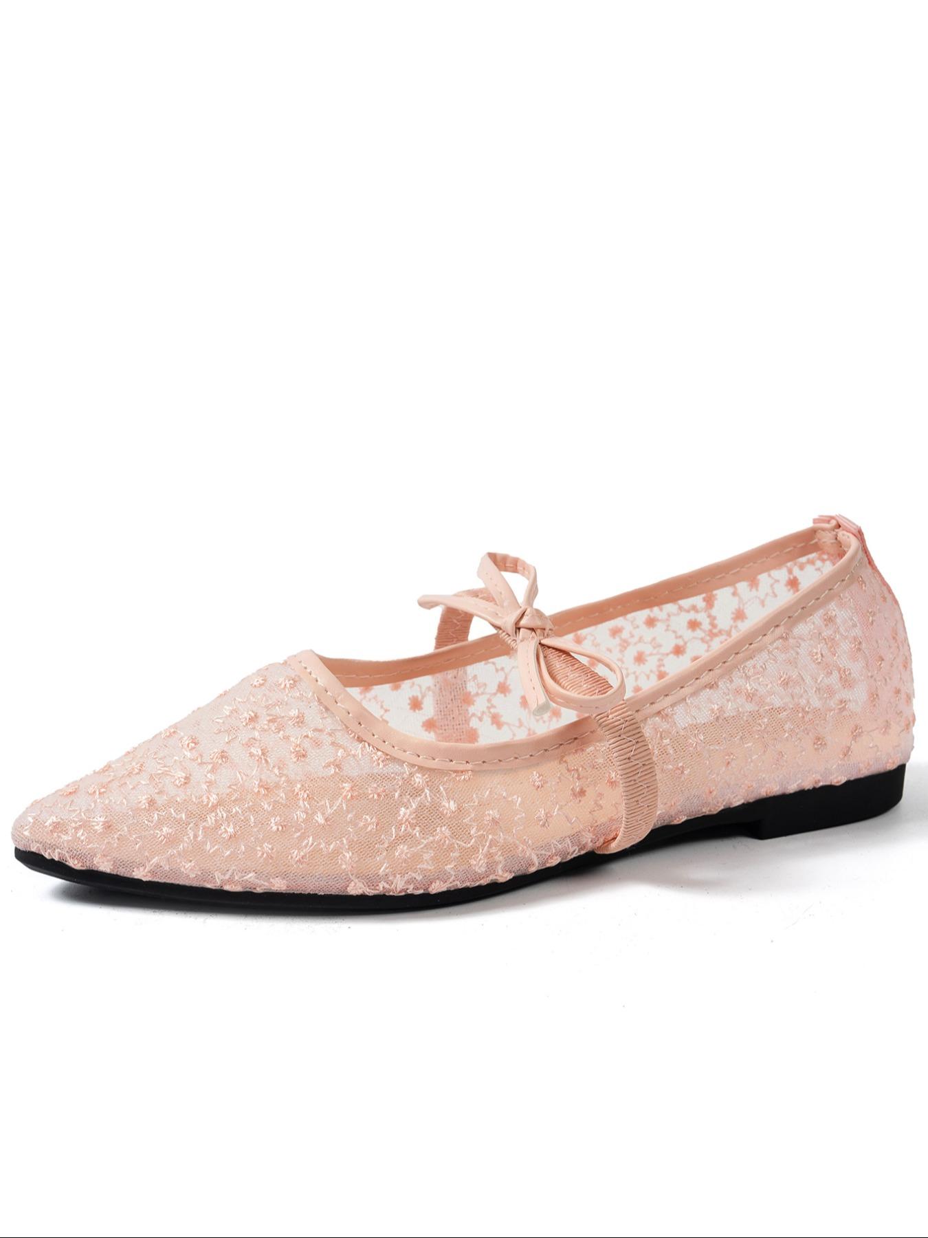 Women's Elegant Lace Pointed Mary Jane Sandals, Delicate Mesh Embroidery, Bow, Comfortable Flat Sole, Spring Summer Casual Shoes, Pointed Toe Flats, Mary Jane Flats
