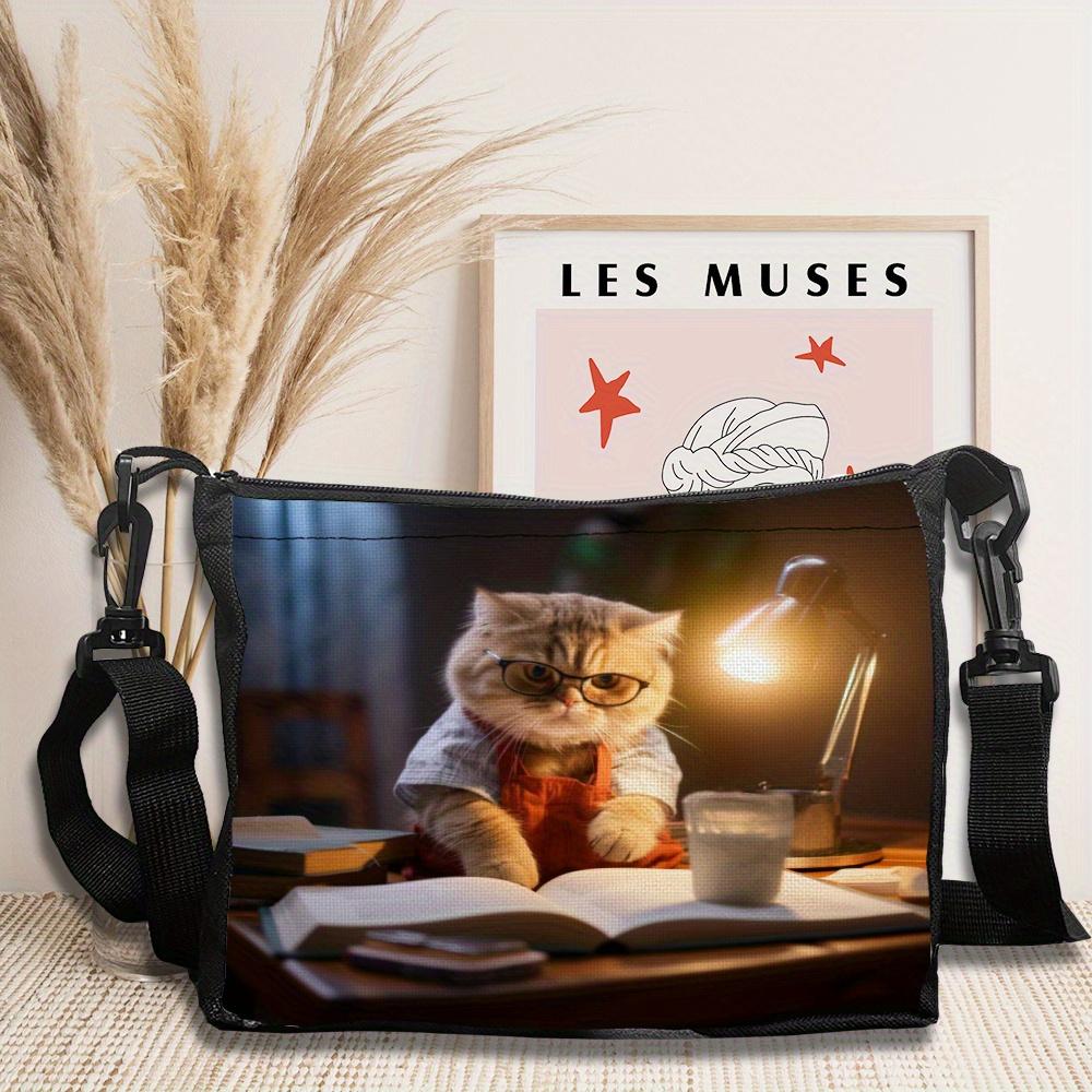 Scottish pleated cat wearing glasses printed shoulder bag, daily messenger bag, cute small bag, perfect for play and leisure activities 6.17
