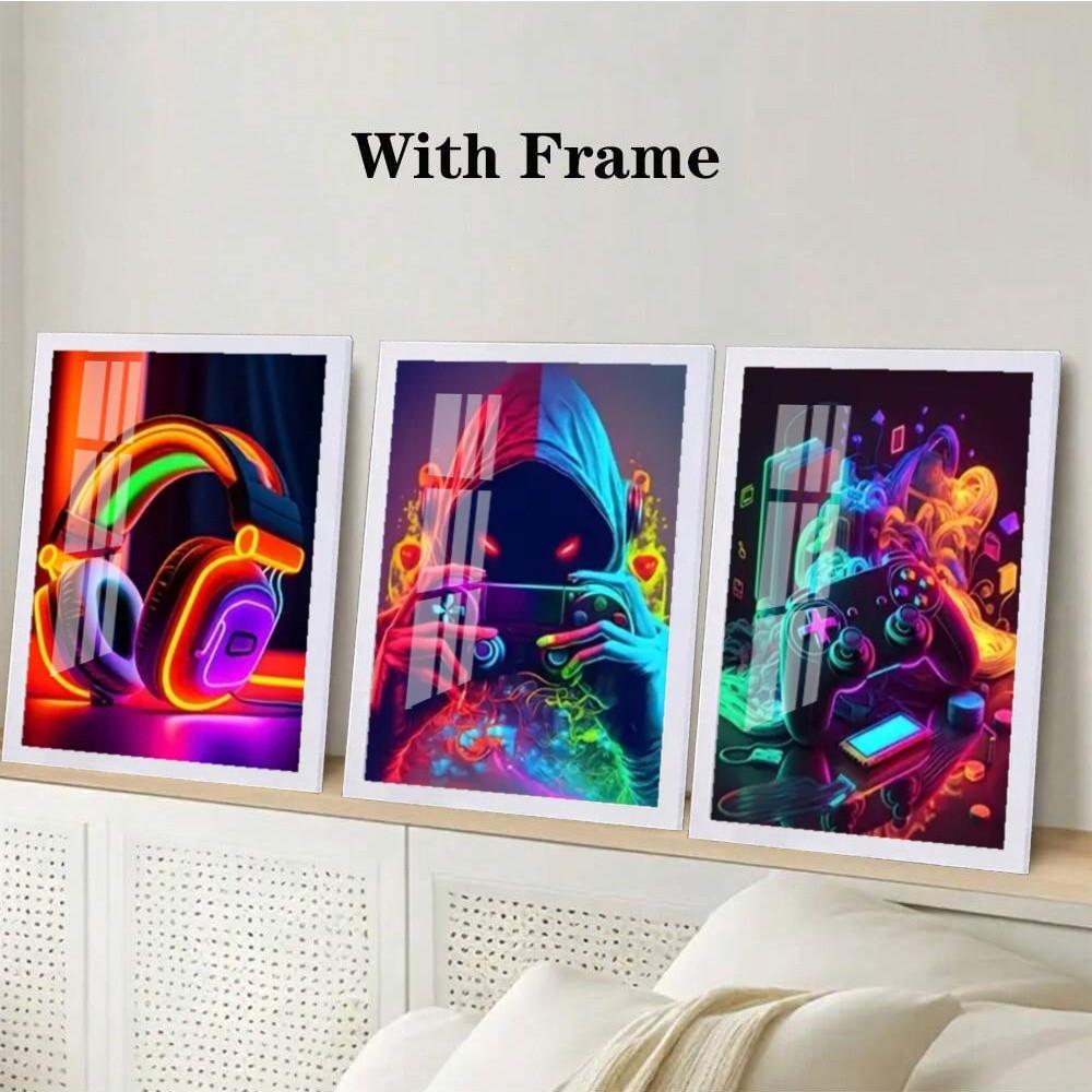 3-Piece Optional Wooden Frame Punk Style Gamepad Gaming Room Theme Art Poster Waterproof Premium Thick Canvas High Saturation Accurate Contrast Boys Room Decor